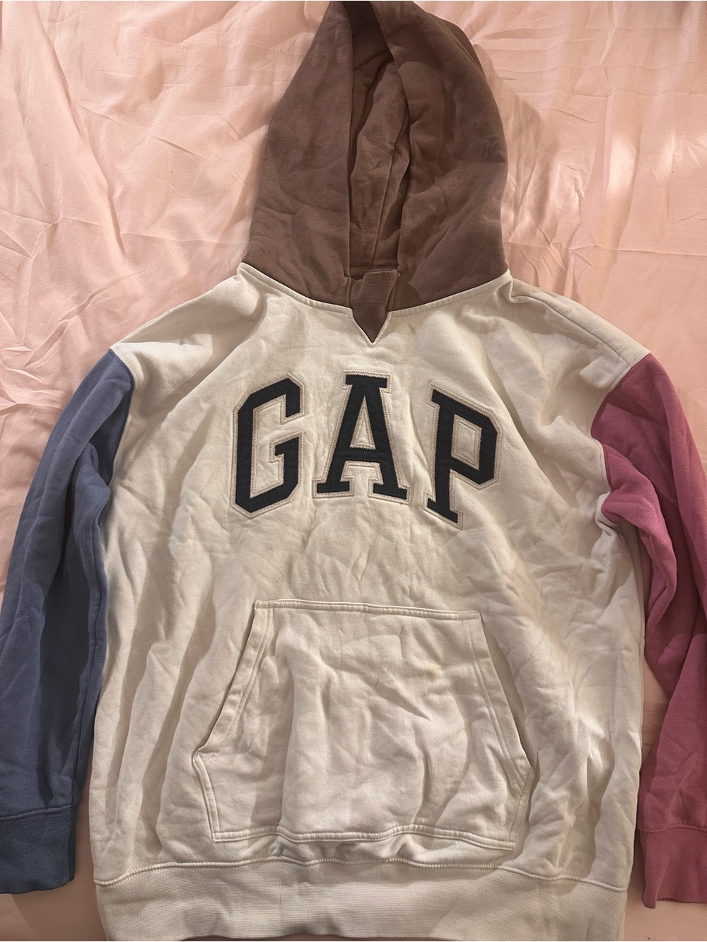 GAP Colorblock Pullover Hoodie in Cream with Blue and Pink Sleeves